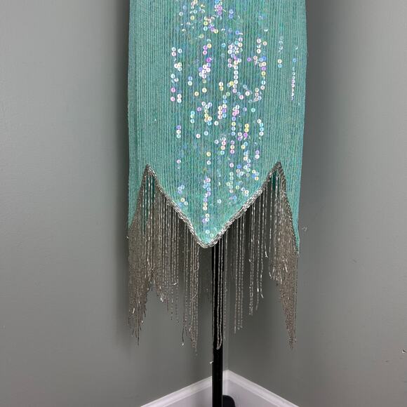 Vintage Aqua Blue Sequin Beaded Fringe Flapper Dress 1920s Costume sz Small Silk - Picture 9 of 12